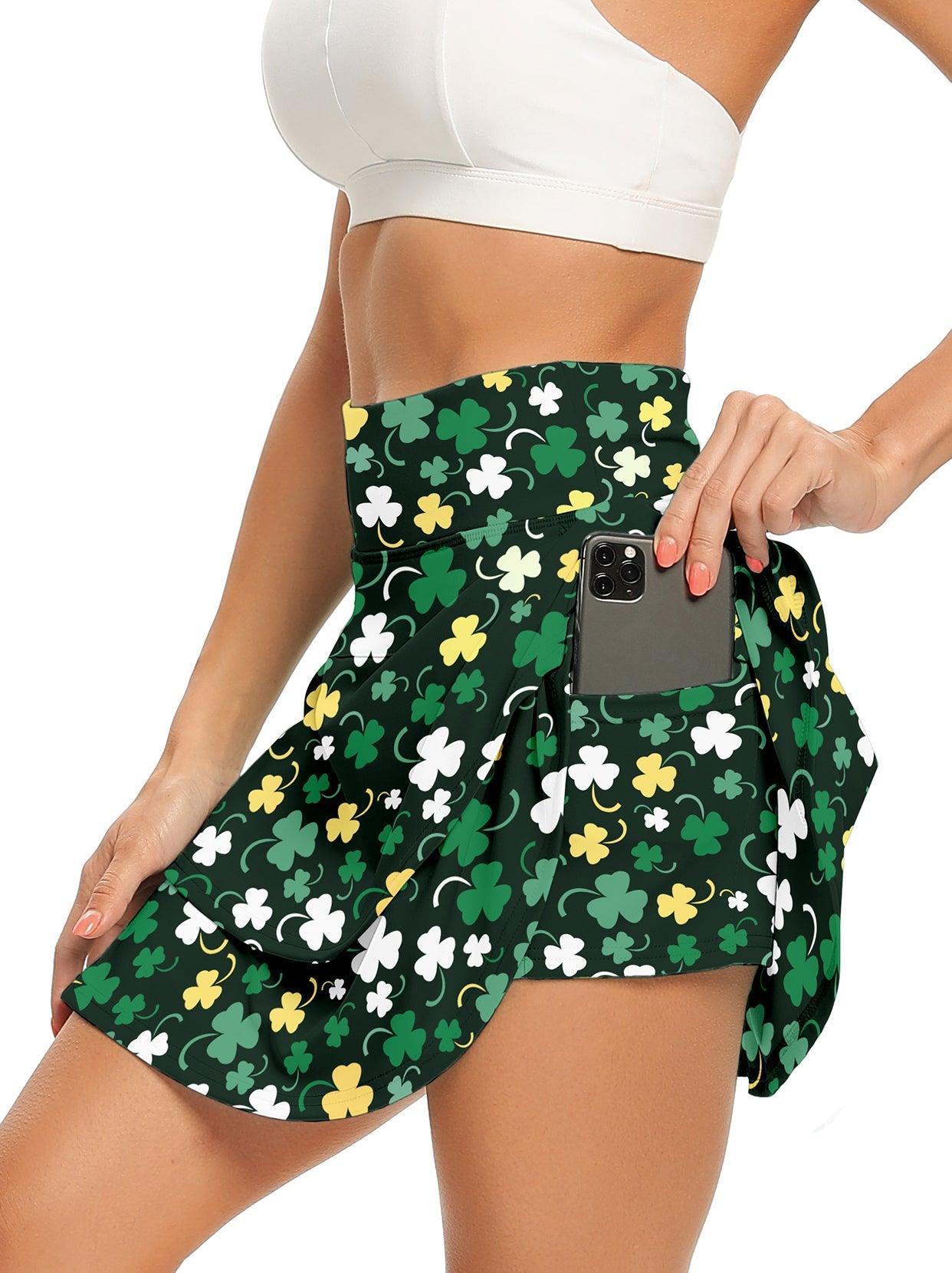 Ladies Women's Active Skort with Pocket-✨ Green Clover Double Layer Sports Skirt Golf Tennis Leisure Sports Bottoms