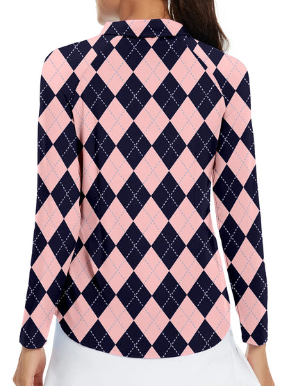 Pink and Blue Argyle Quarter-zip Long-sleeve Golf Polo Shirt for Women