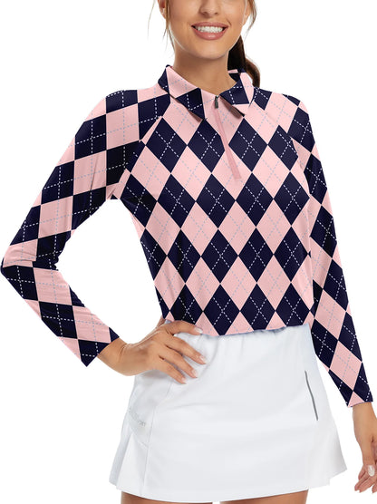 Pink and Blue Argyle Quarter-zip Long-sleeve Golf Polo Shirt for Women