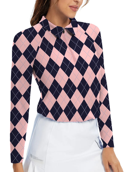 Pink and Blue Argyle Quarter-zip long-sleeve Golf Polo Shirt for Women