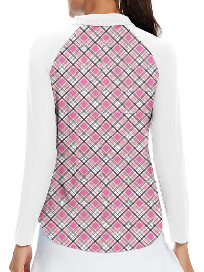 Pink Argyle Long-sleeve Patchwork Polo Shirt