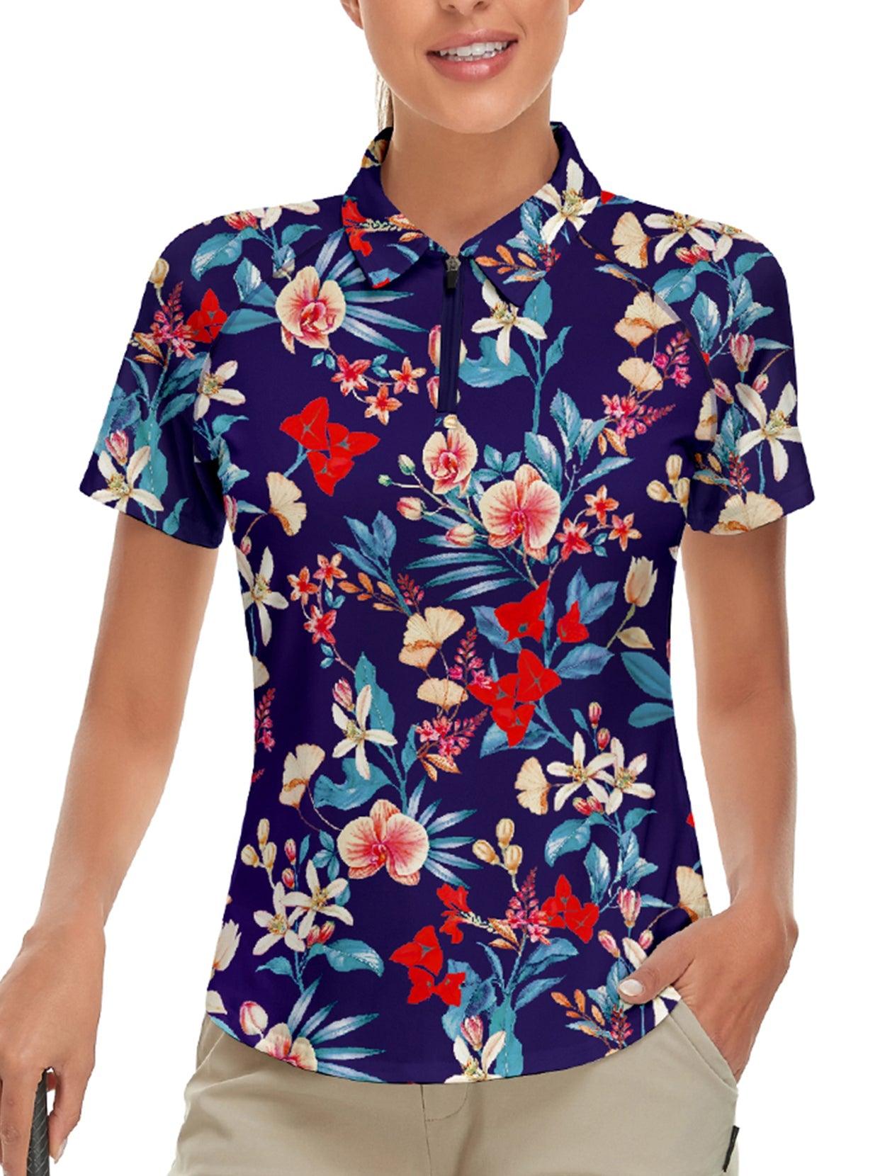 Dark Blue Floral Short-sleeve Golf Shirt for Ladies