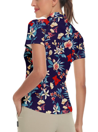 Dark Blue Floral Short-sleeve Golf Shirt for Ladies