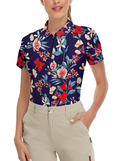 Dark Blue Floral Short-sleeve Golf Shirt for Ladies