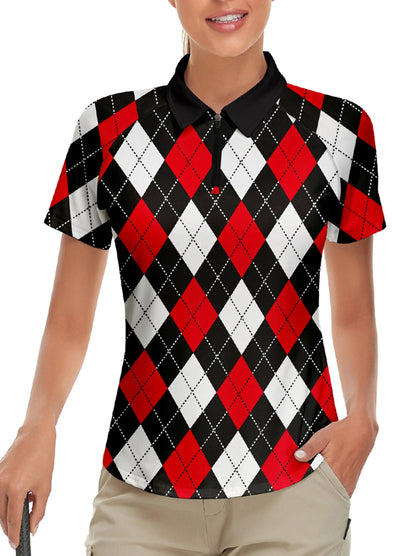 Red and Black Checkboard Short-sleeve Golf Shirt for Ladies