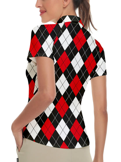Red and Black Checkboard Short-sleeve Golf Shirt for Ladies