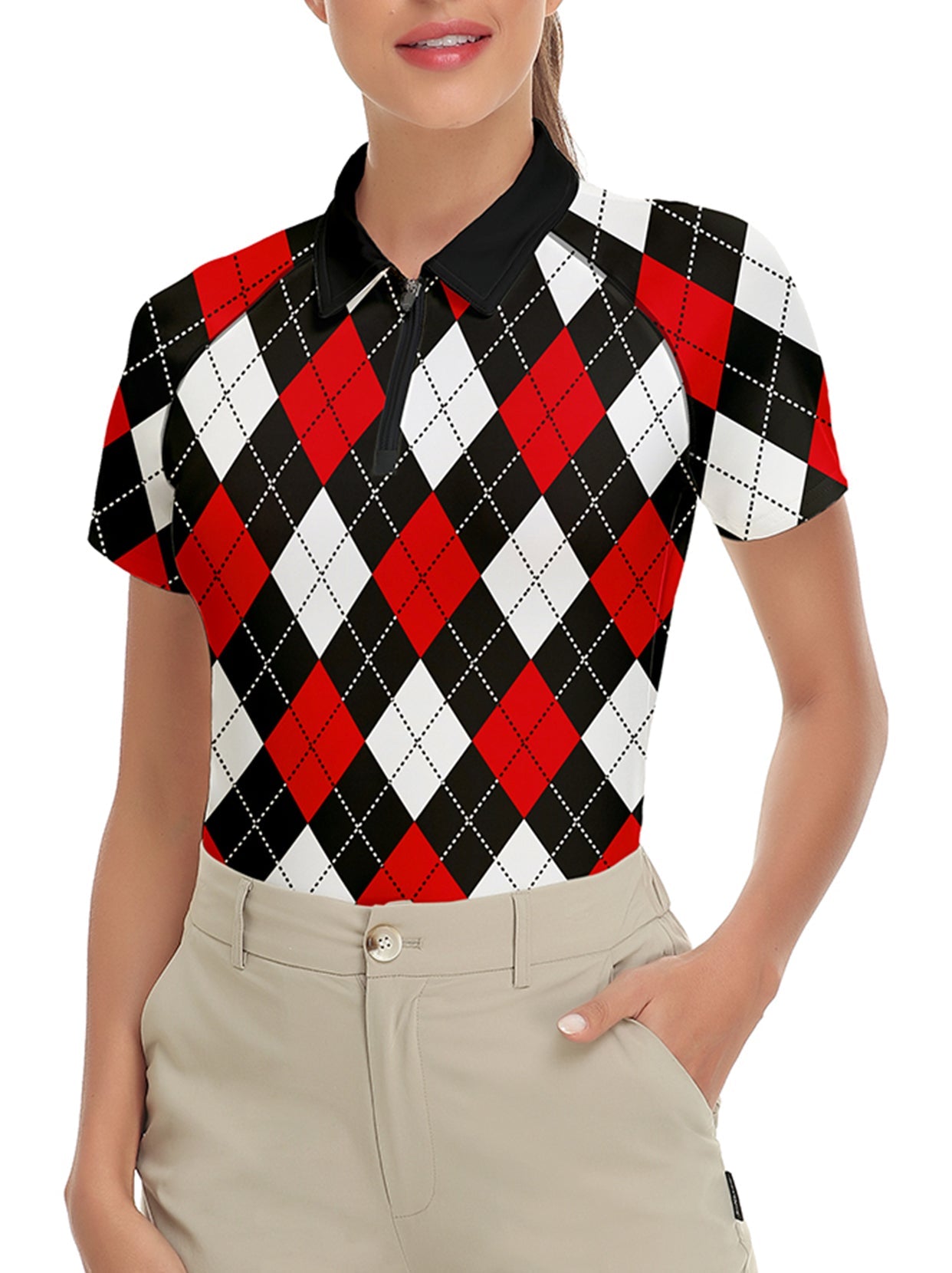 Red and Black Checkerboard Zipper Golf Polo For Women