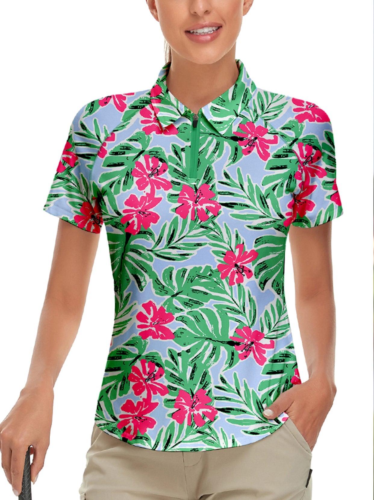 Red Flower and Green Leaves on Blue Background Short-sleeve Golf Shirt for Ladies