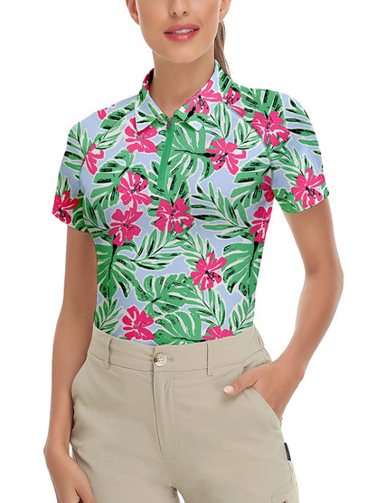 Red Flower and Green Leaves on Blue Background Short-sleeve Golf Shirt for Ladies