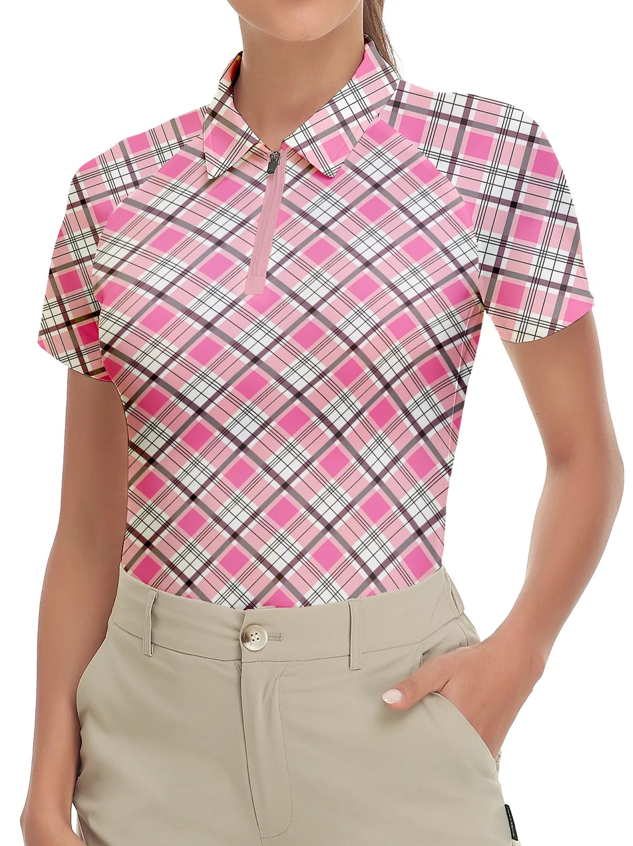 Pink Checkboard Short-sleeve Golf Shirt for Women