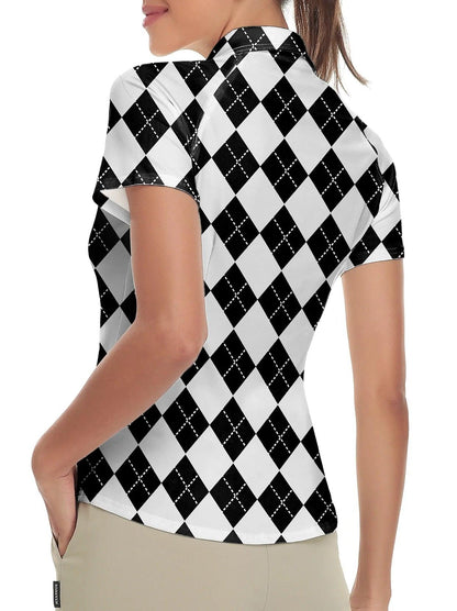 Black and Gray Checkboard Short-sleeve Golf Shirt for Women