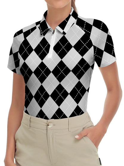 Black and Gray Checkboard Short-sleeve Golf Shirt for Women