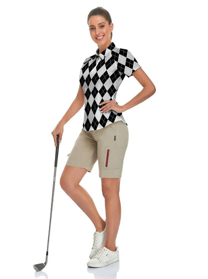 Black and Gray Checkboard Short-sleeve Golf Shirt for Women