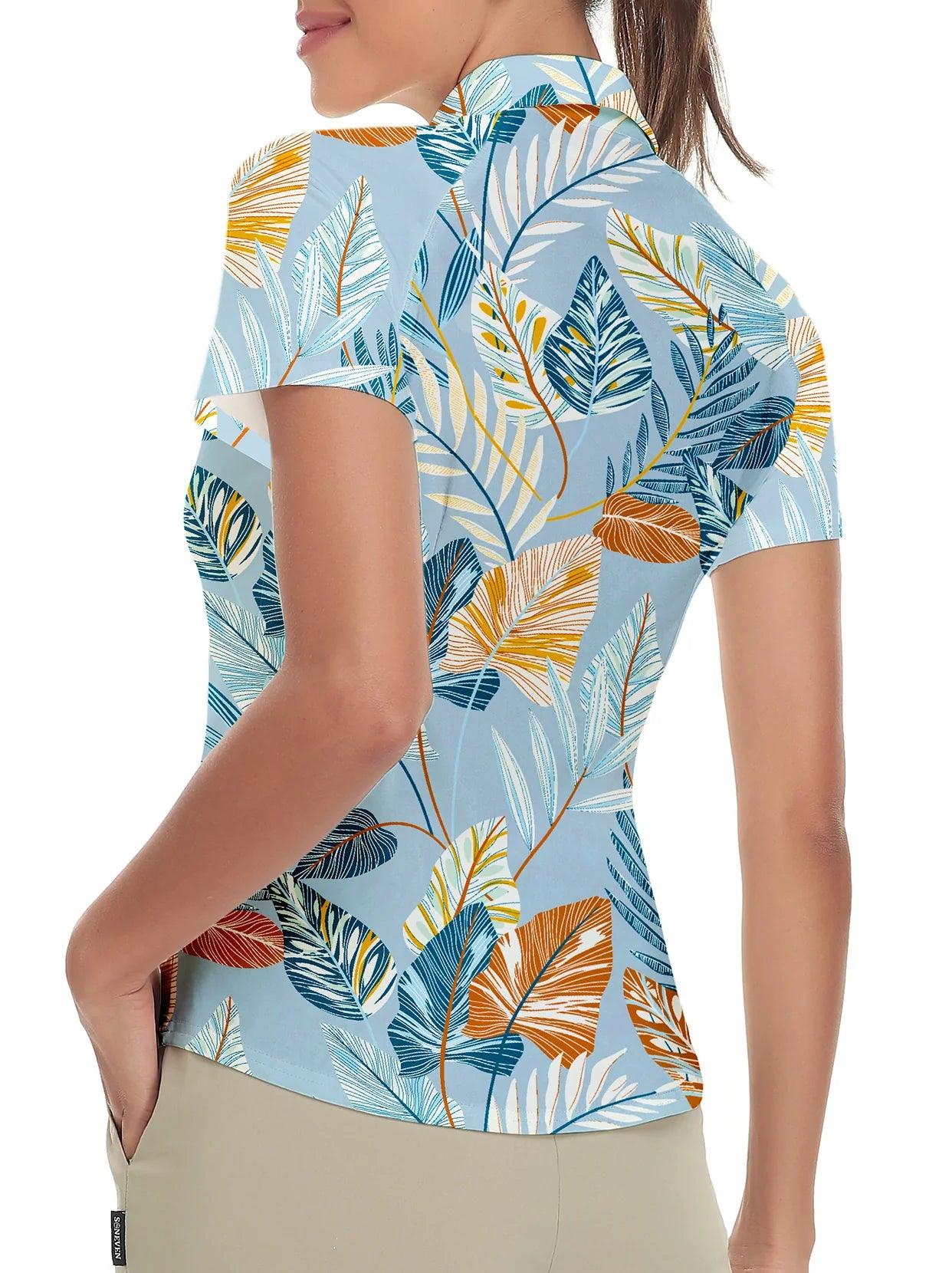 Adventure Blue Palm Leaf Zipper Golf Polo | Suitable for Summer Vacation