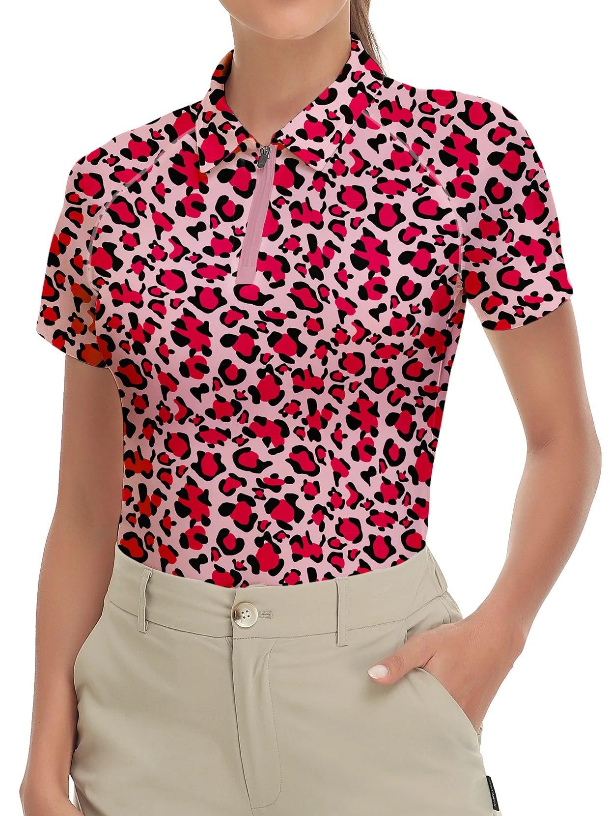 Red Leopard on Pink Background Short-sleeve Golf Shirt for Women