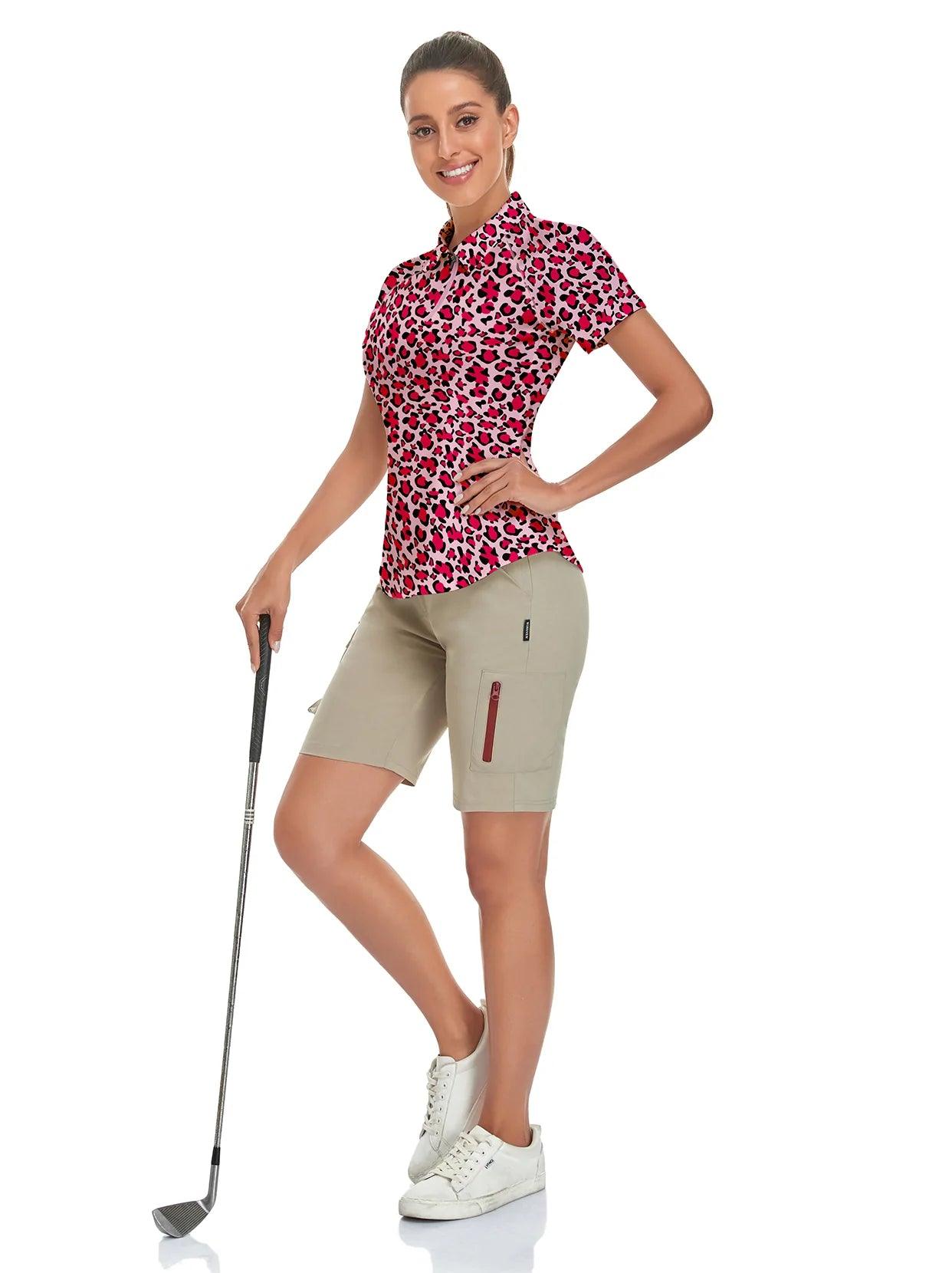 Red Leopard on Pink Background Short-sleeve Golf Shirt for Women