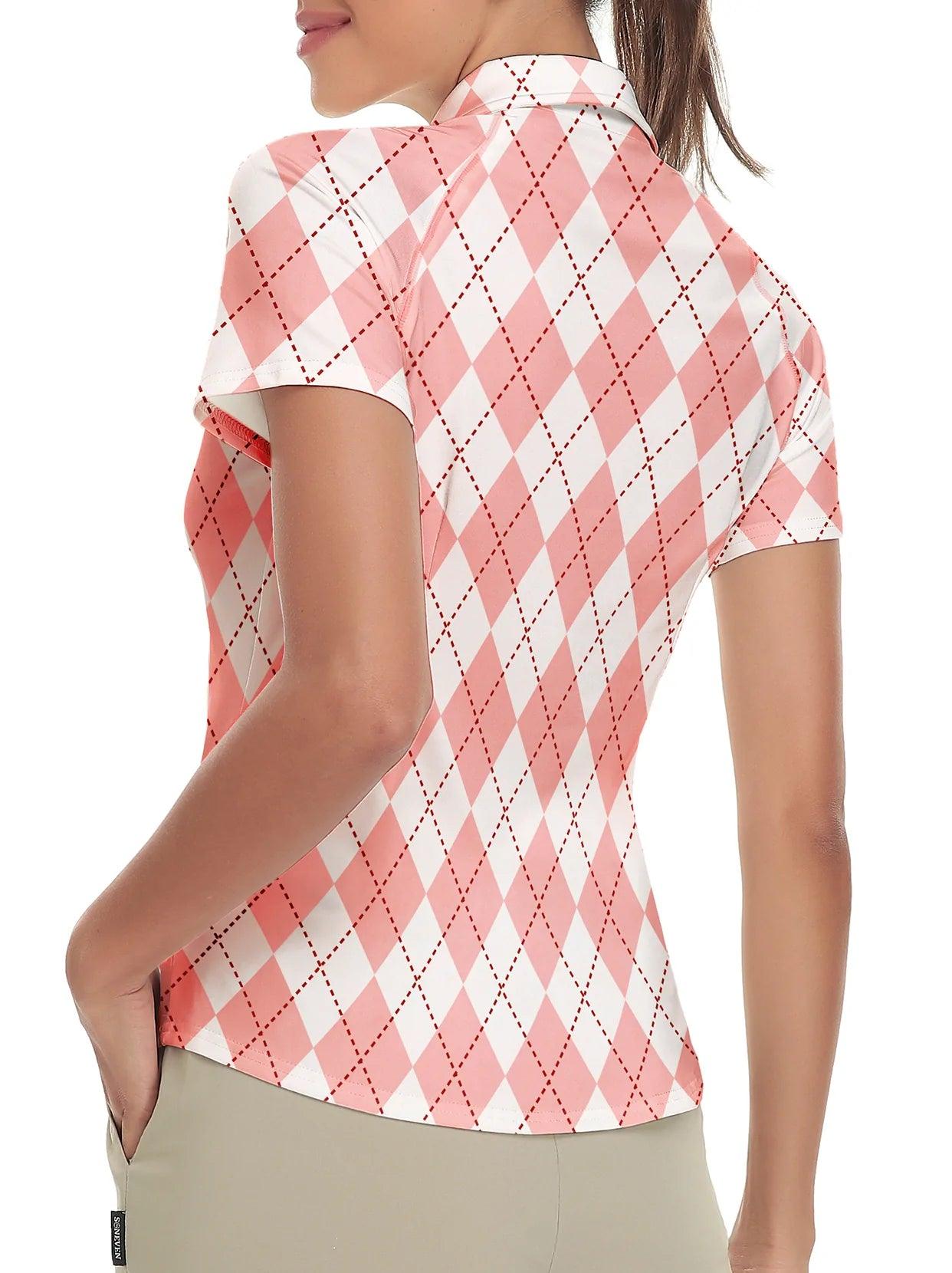 Pink and White Checkerboard Short-sleeve Golf Shirt for Women