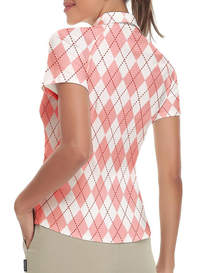 Pink and White Checkerboard Short-sleeve Golf Shirt for Women