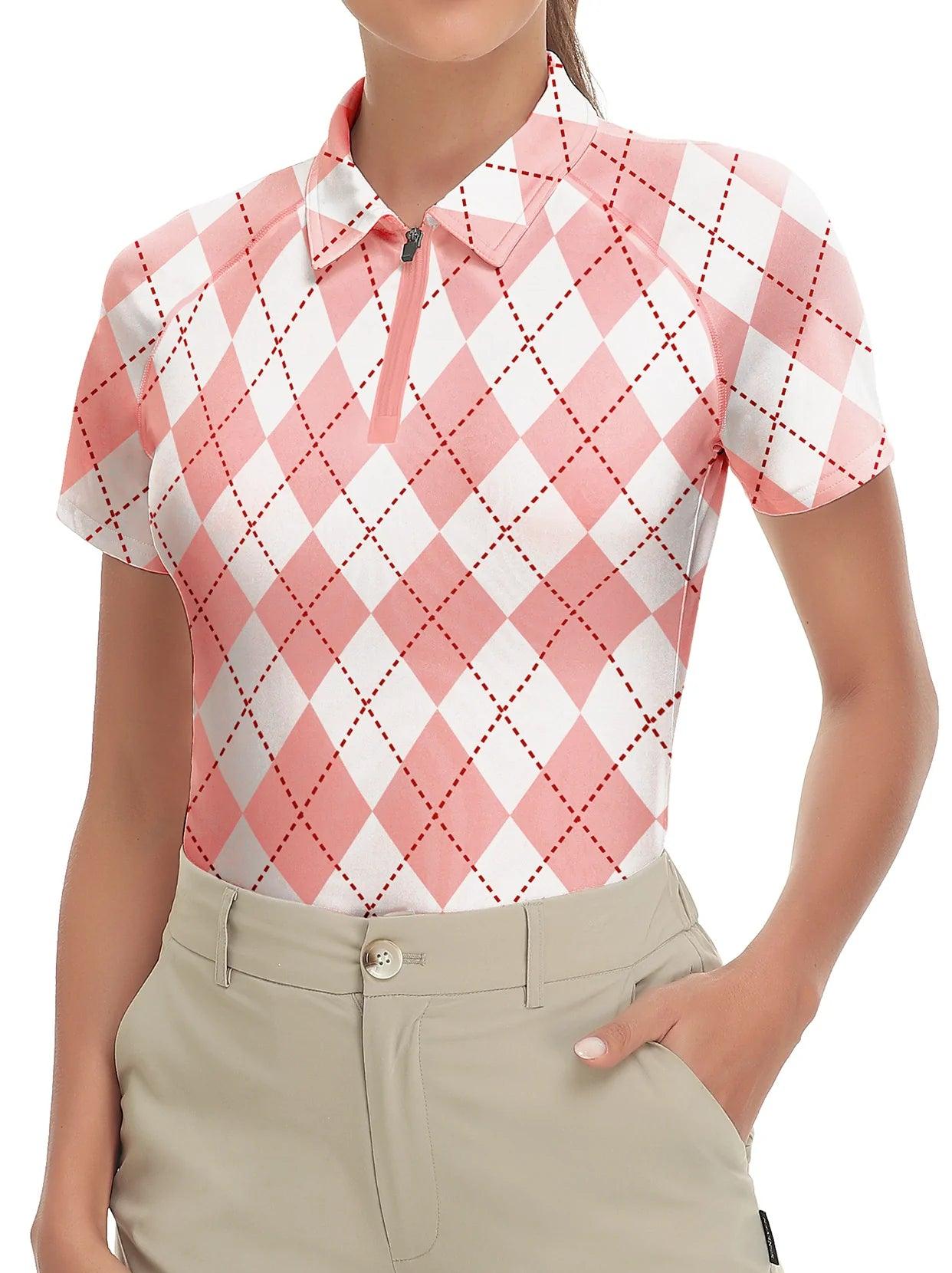 Pink and White Checkerboard Short-sleeve Golf Shirt for Women