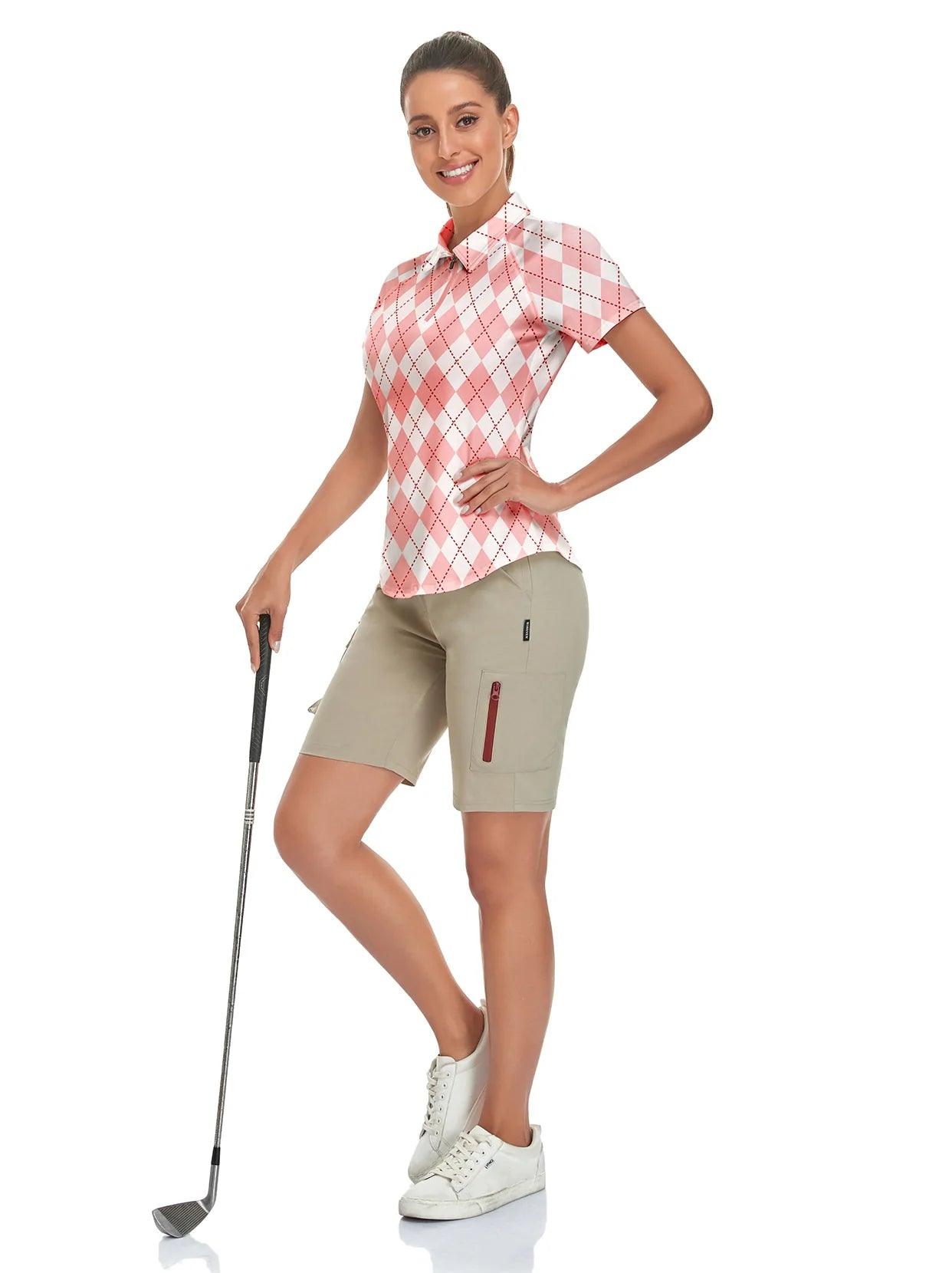 Pink and White Checkerboard Short-sleeve Golf Shirt for Women