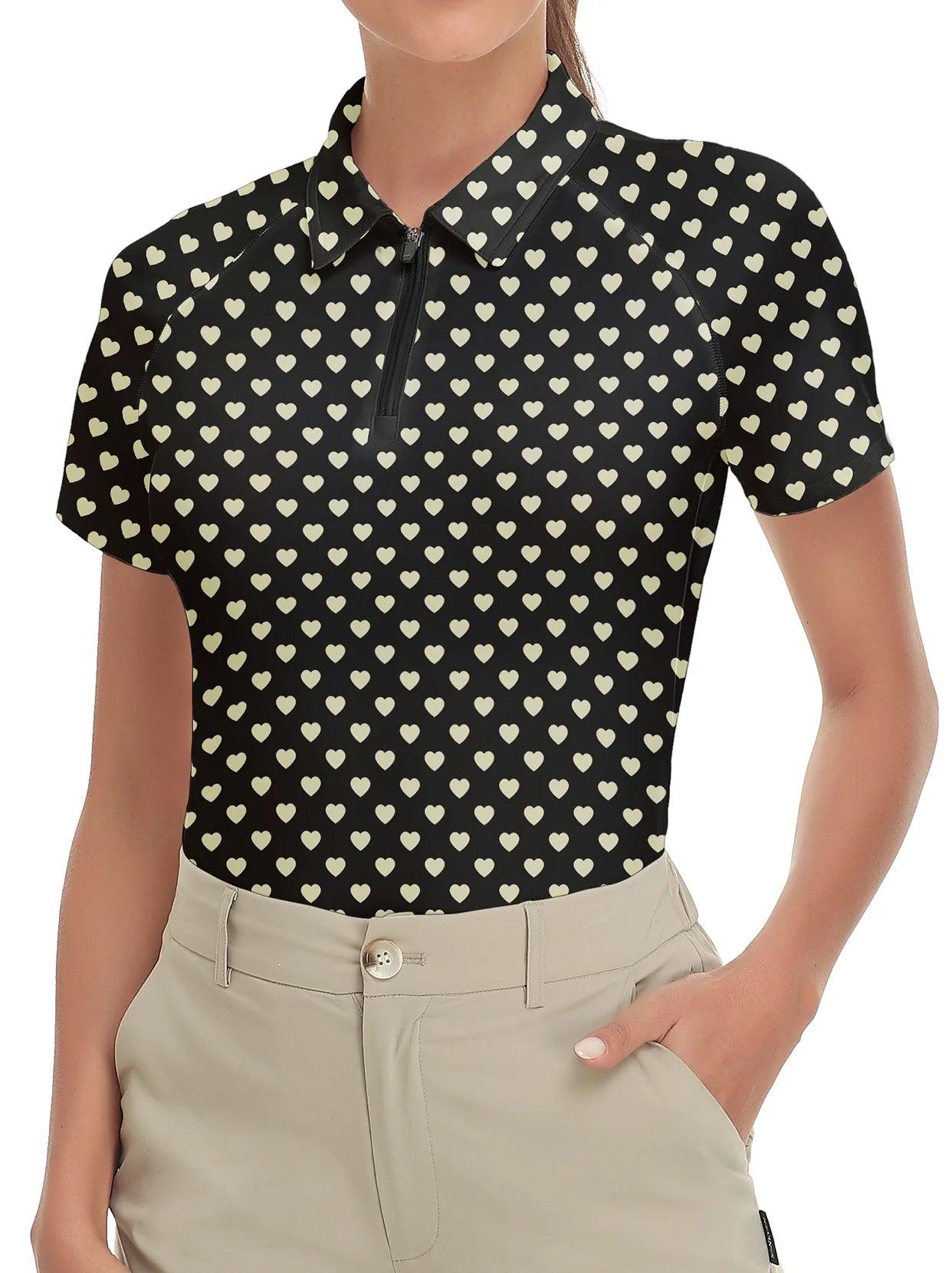 Yellow Hearts on Black Background Short-sleeve Golf Shirt for Women