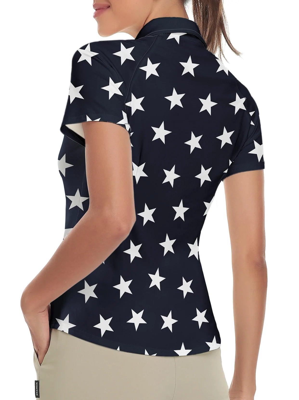 White Star on Navy Background Short Sleeve Archery Shirt for Women