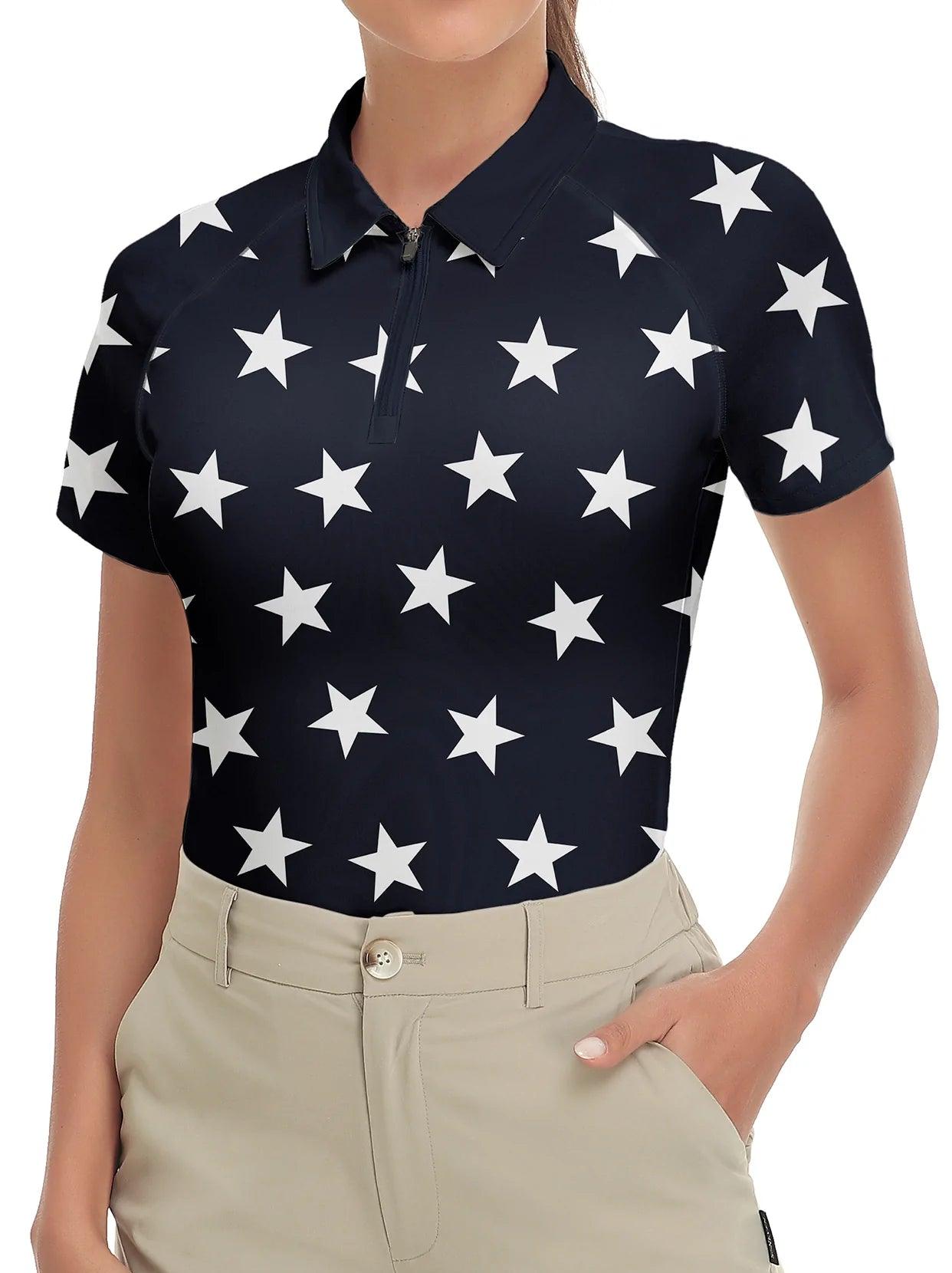 White Star on Navy Background Short Sleeve Archery Shirt for Women