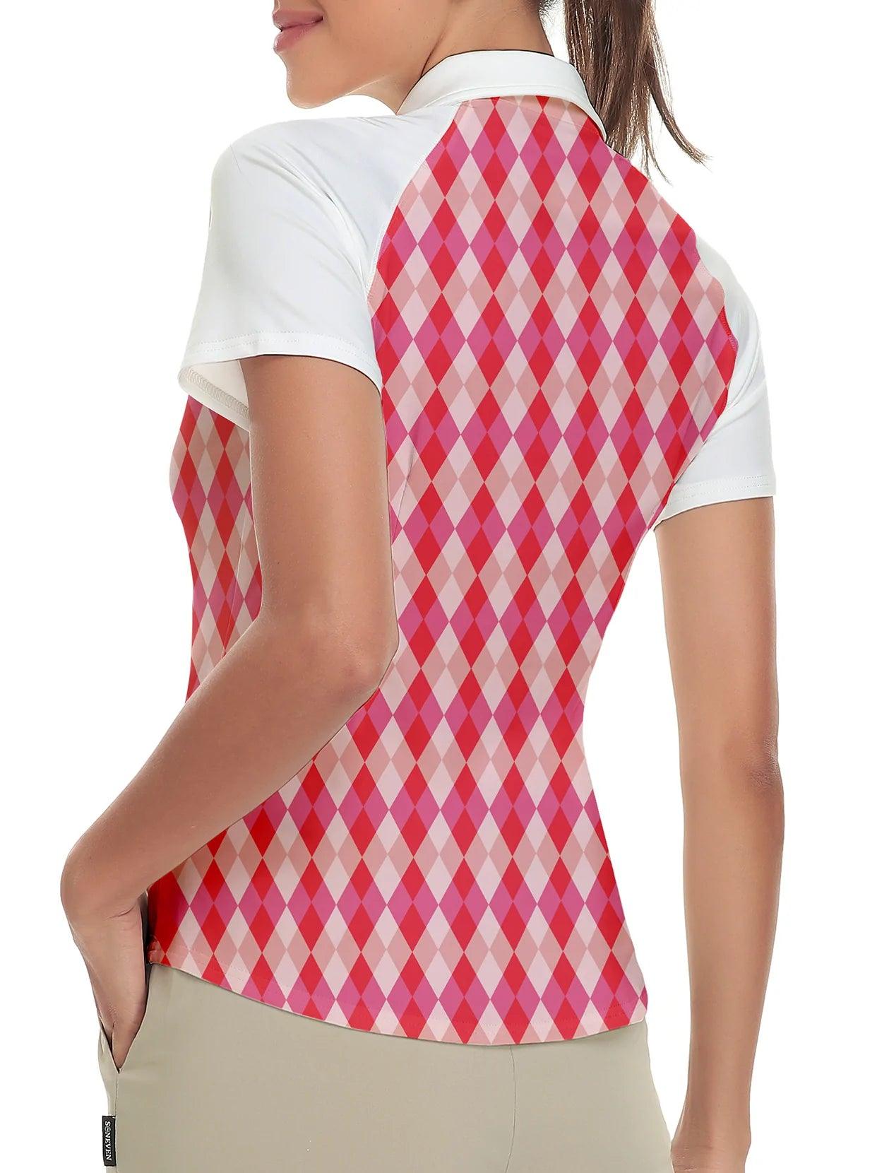 Orange and Pink Checkboard Short-sleeve Golf Shirt for Women