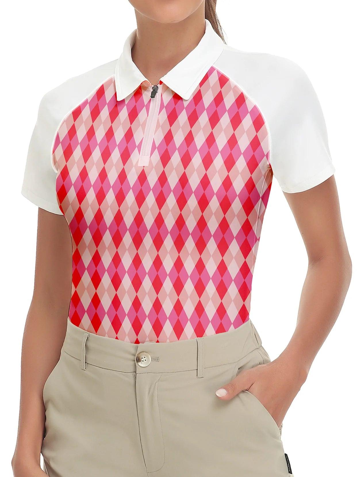 Orange and Pink Checkboard Short-sleeve Golf Shirt for Women