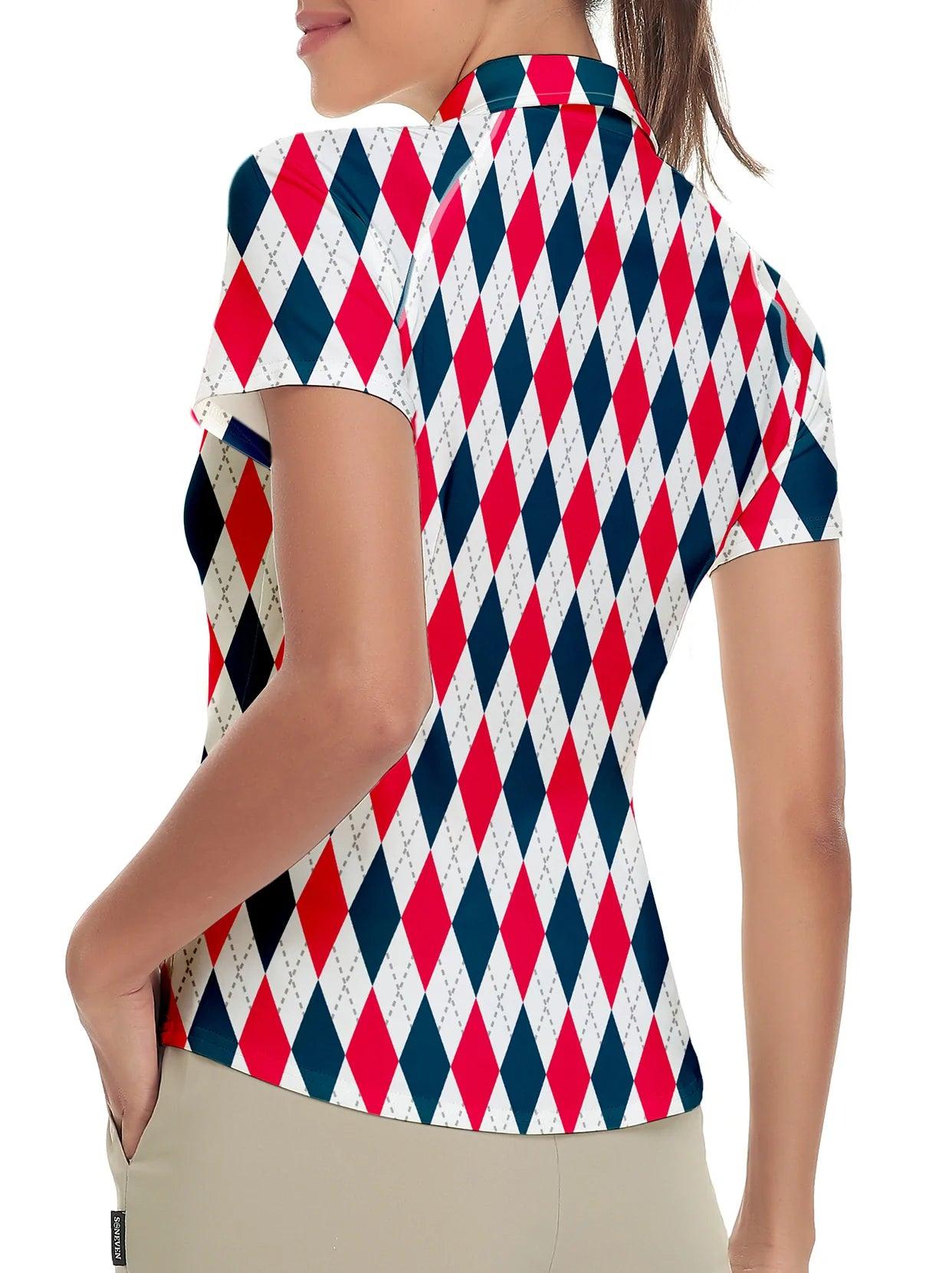 Red and Dark Blue Checkerboard Short-sleeve Golf Shirt for Women