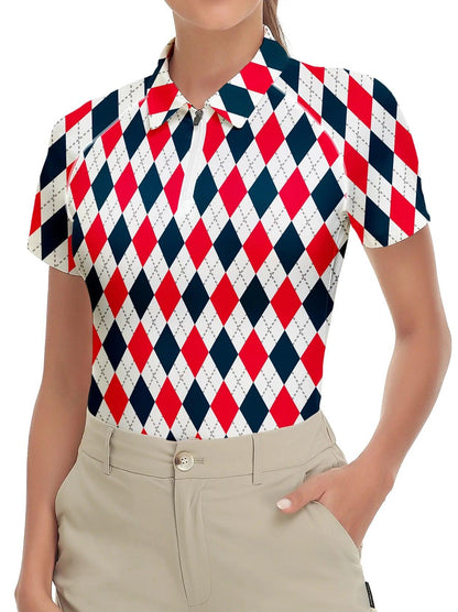 Red and Dark Blue Checkerboard Short-sleeve Golf Shirt for Women