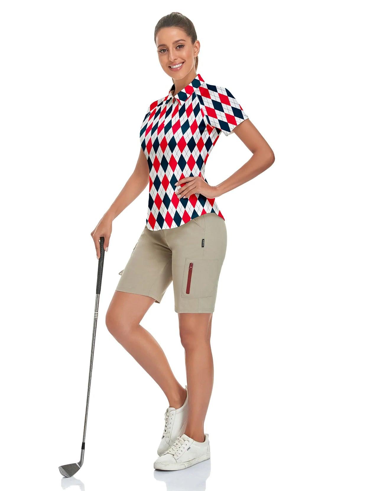 Red and Dark Blue Checkerboard Short-sleeve Golf Shirt for Women