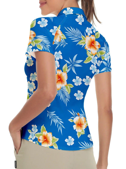 Blue Floral Short-sleeve Golf Shirt for Women