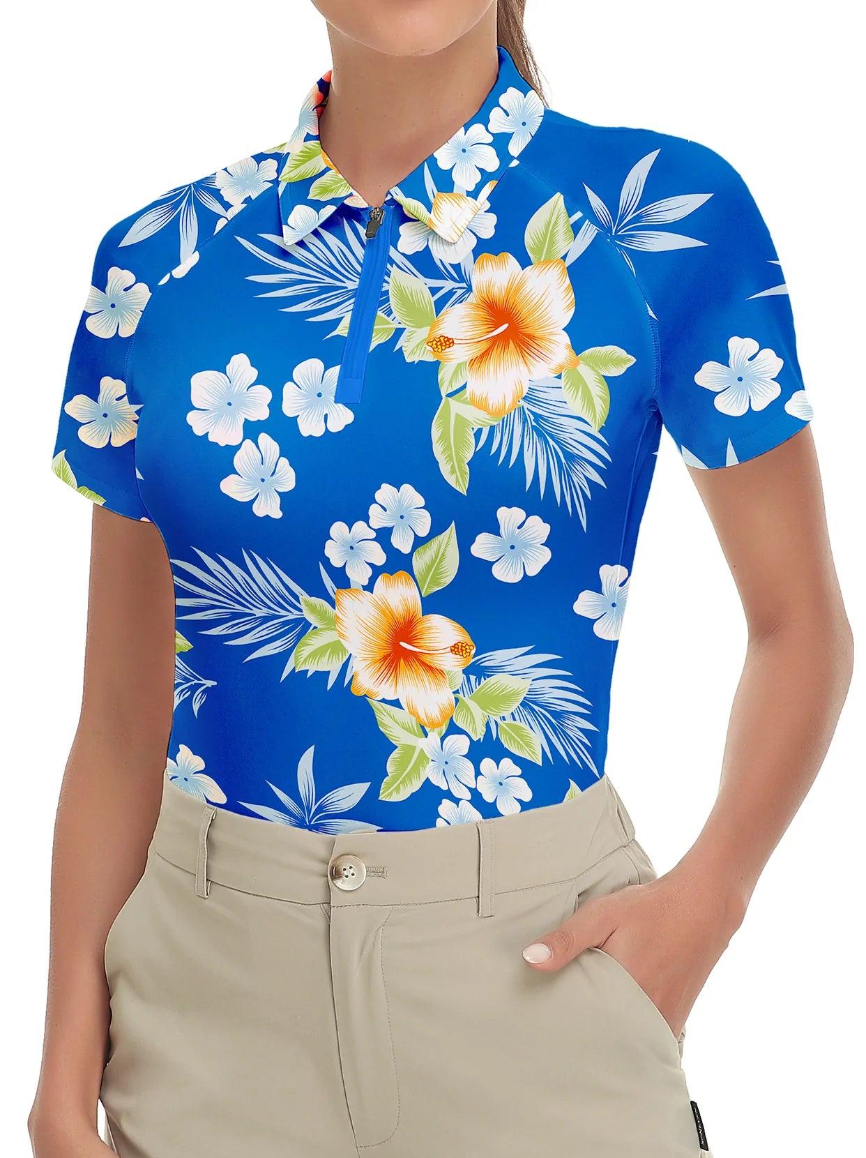 Blue Floral Short-sleeve Golf Shirt for Women