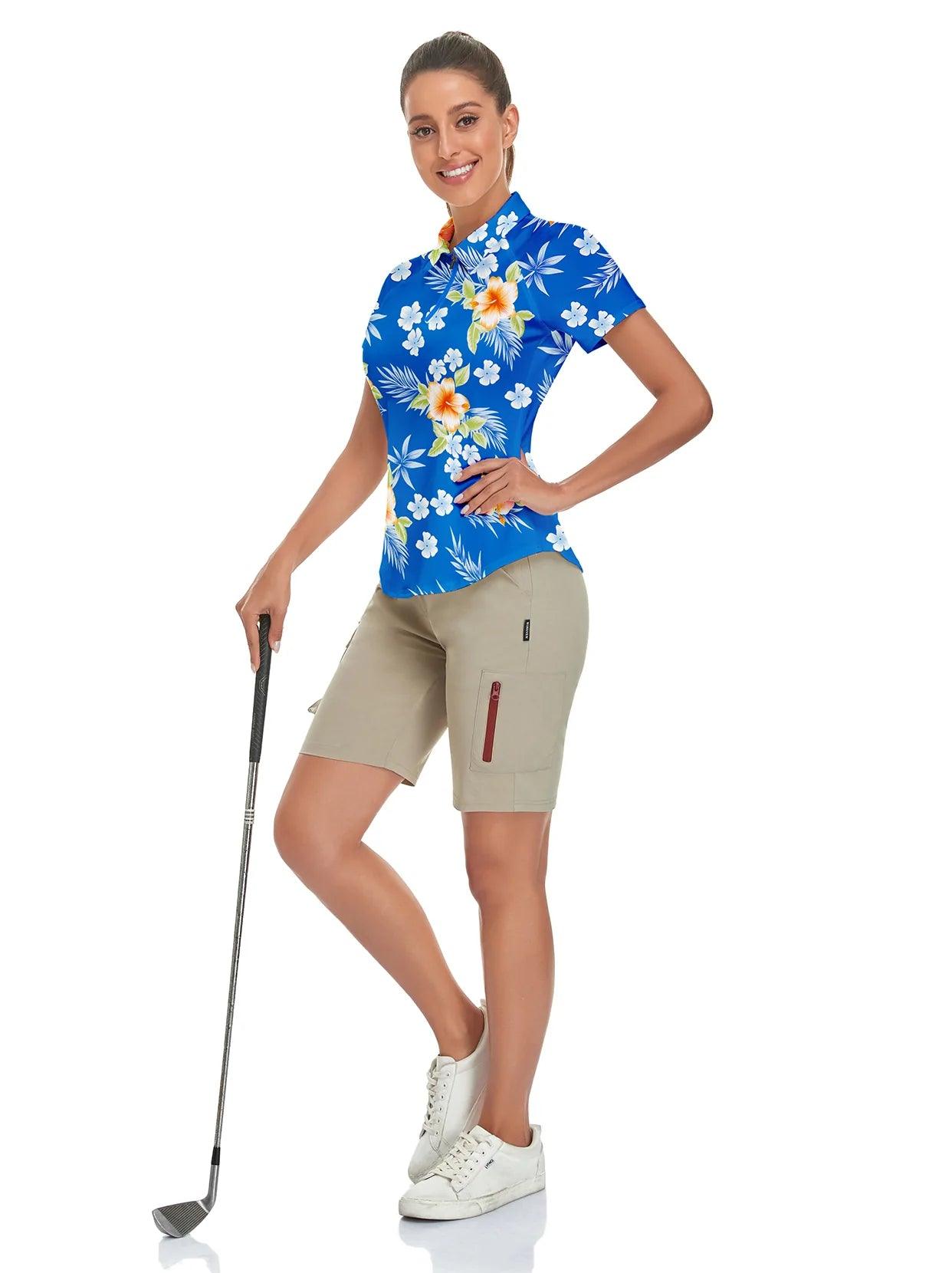 Blue Floral Short-sleeve Golf Shirt for Women