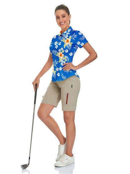 Blue Floral Short-sleeve Golf Shirt for Women