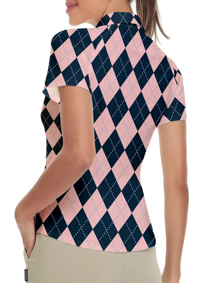 Pink and Blue Checkerboard Short Sleeves Quarter-Zip Golf Polo