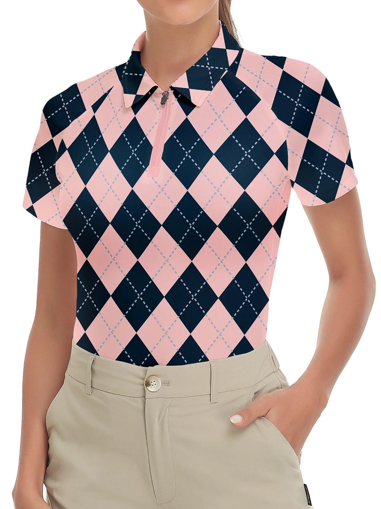 Pink and Blue Checkerboard Short Sleeves Quarter-Zip Golf Polo