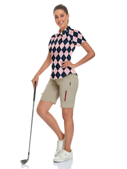 Pink and Blue Checkerboard Short Sleeves Quarter-Zip Golf Polo