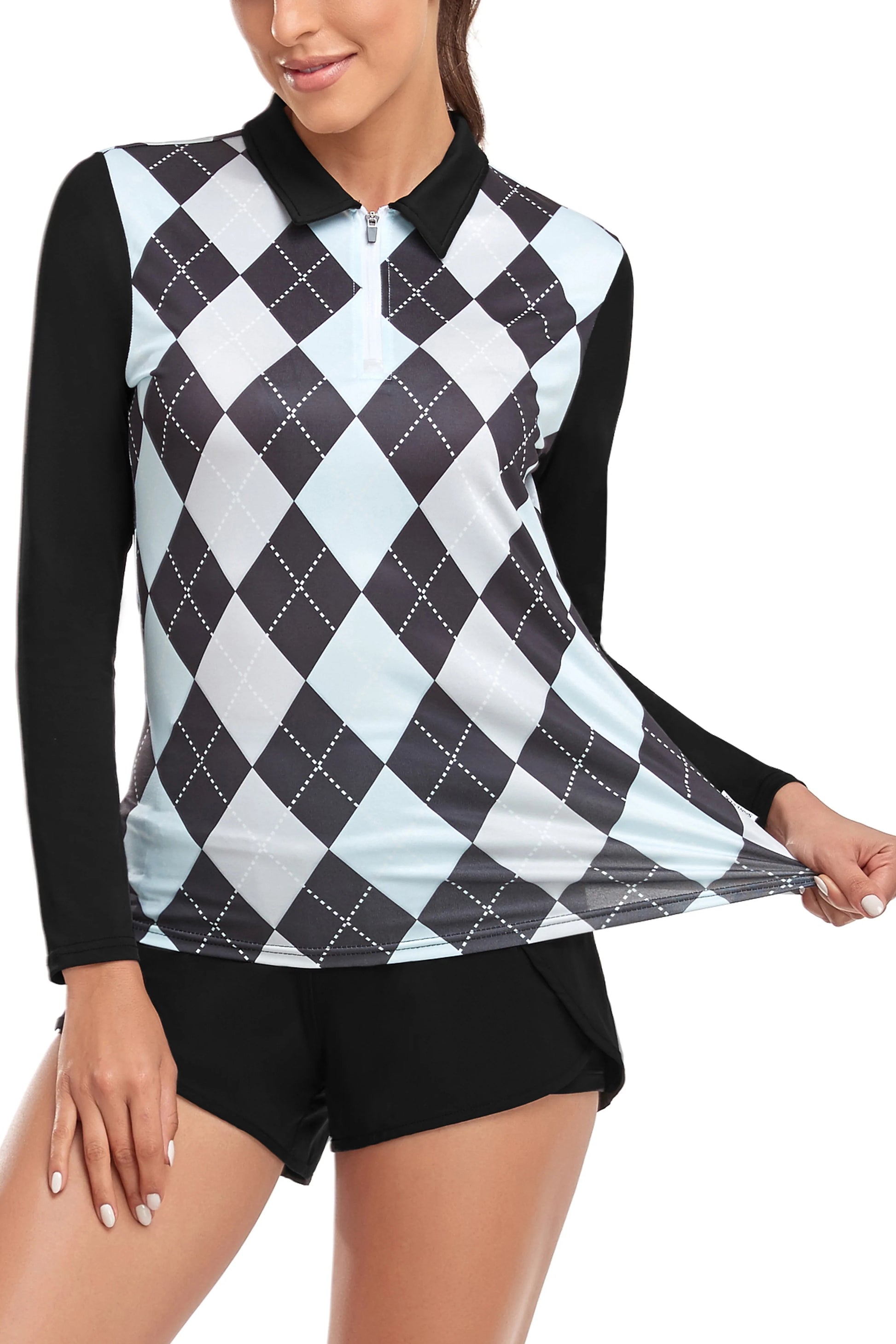 Ladies Long Sleeve Golf Polo SO Styled White and Blue