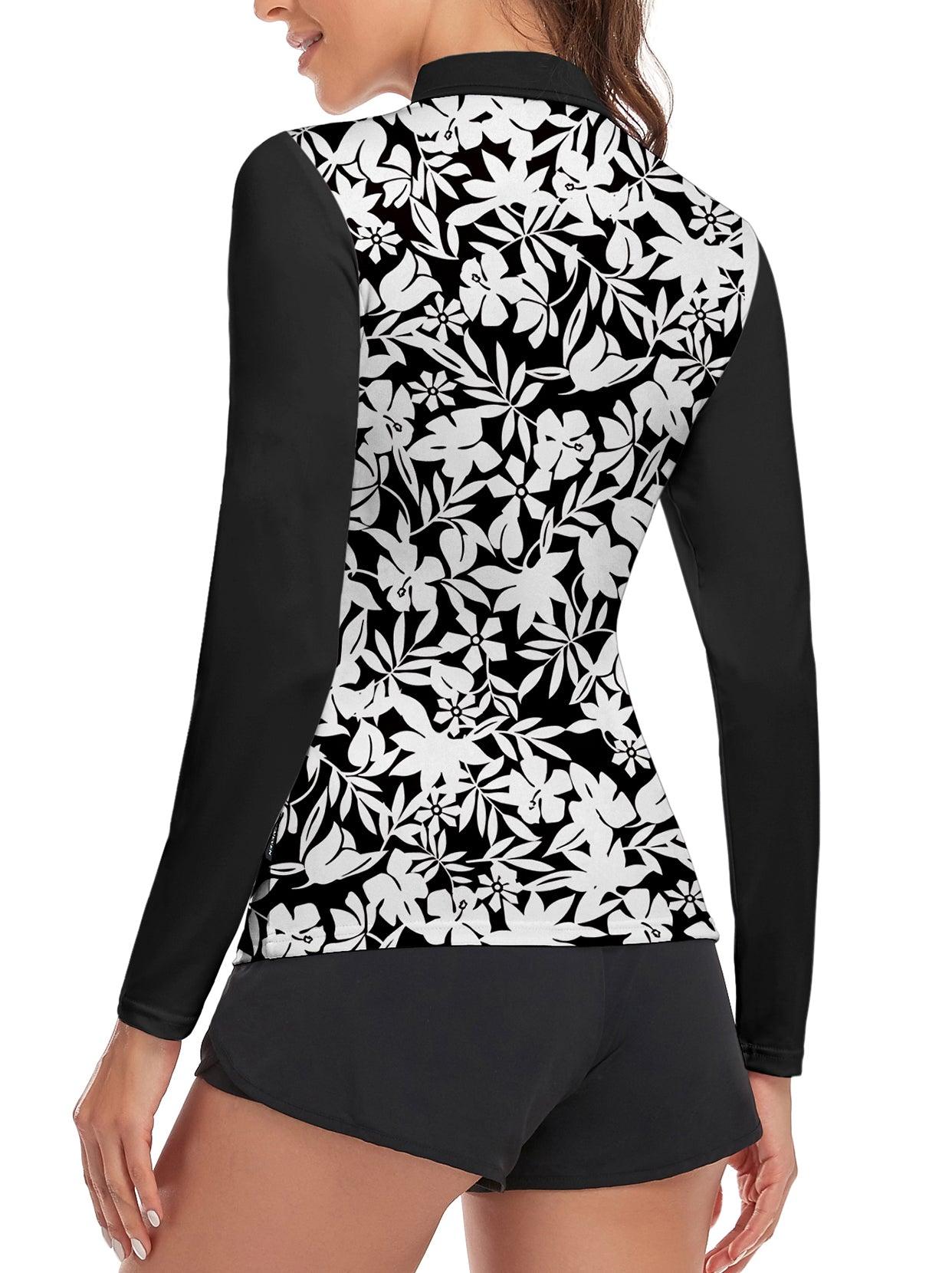 White Floral Long-sleeve Quarter-zip Polo for Ladies