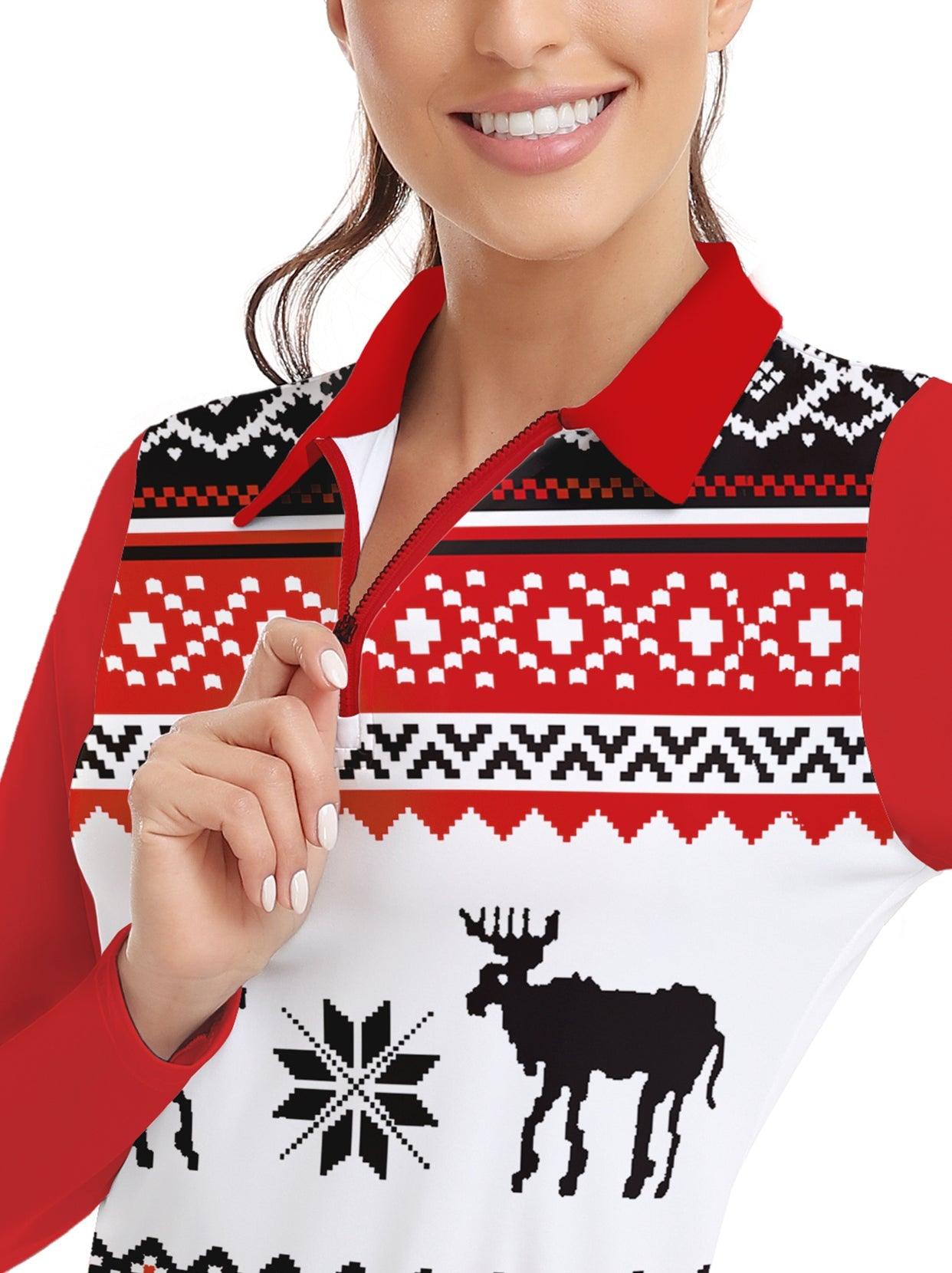 Christmas Print Lapel Long-sleeve Polo Top for Ladies