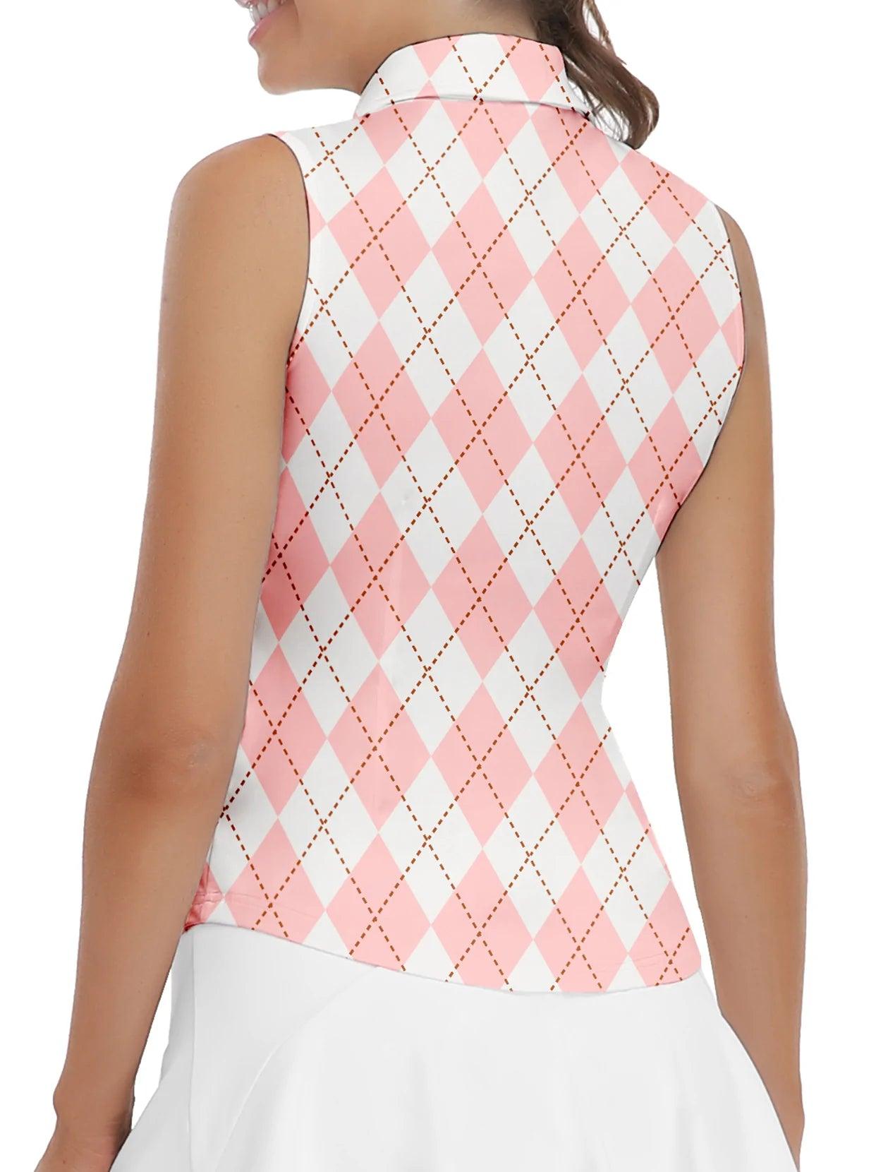 Pink And White Checkerboard Sleeveless Quarter-Zip Golf Polo For Women