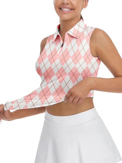 Pink And White Checkerboard Sleeveless Quarter-Zip Golf Polo For Women