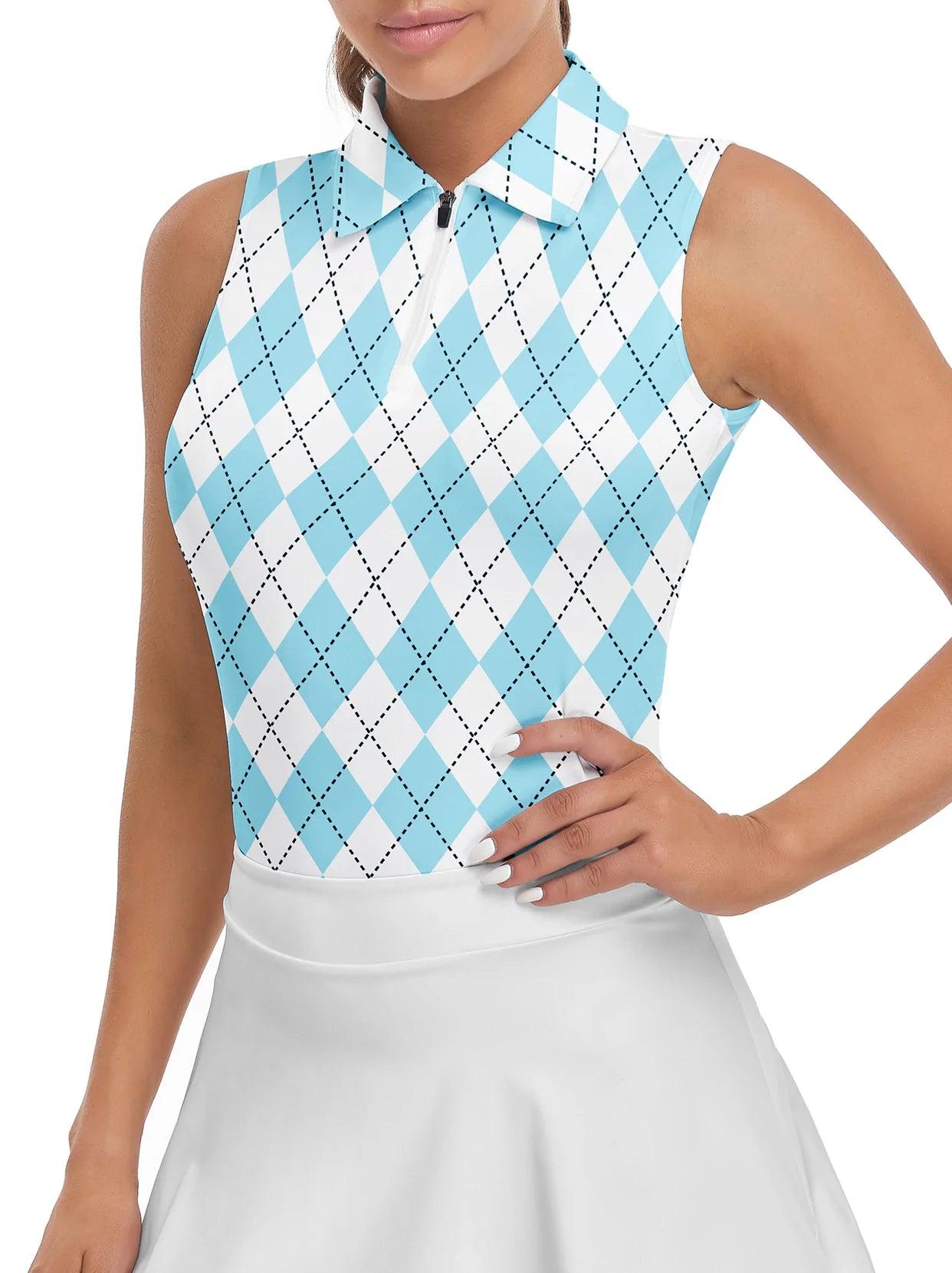 Ladies Sleeveless Golf Polo SO Blue and White