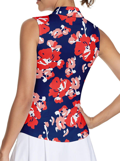 Red Floral Athletic Sleeveless Polo Shirt For Women