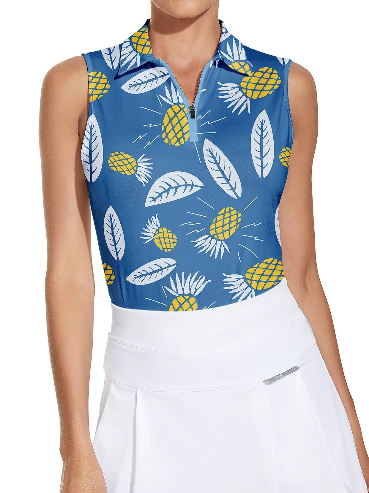 Ladies Sleeveless Golf Polo- Pineapple on Blue Background Athletic Polo Shirts Moisture Wicking Tennis Shirts Golf Shirt Dry Fit