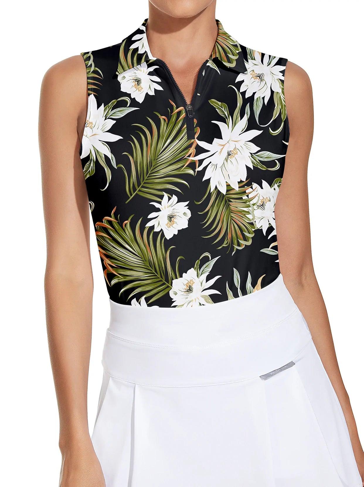 Hawaii Style Floral Quarter-zip Sleeveless Golf Polo Shirt