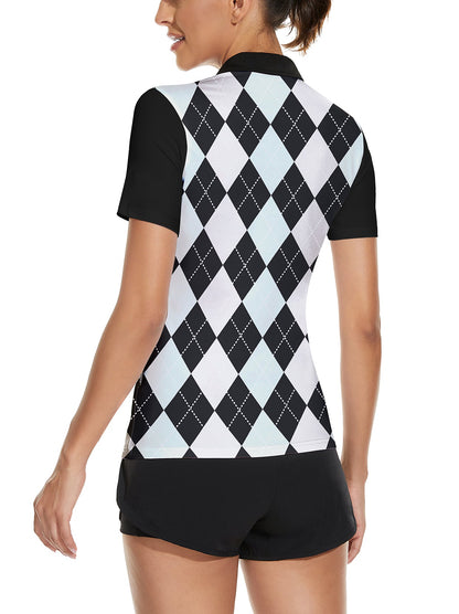 Black and Blue Checkerboard Athletic Golf Polo Shirt for Women