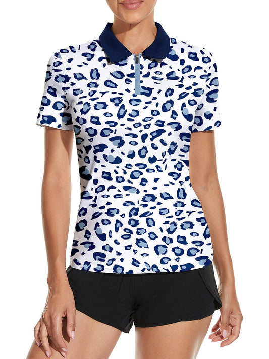 Blue Leopard Print Quarterzip Short Sleeves Golf Polo Shirt for Women